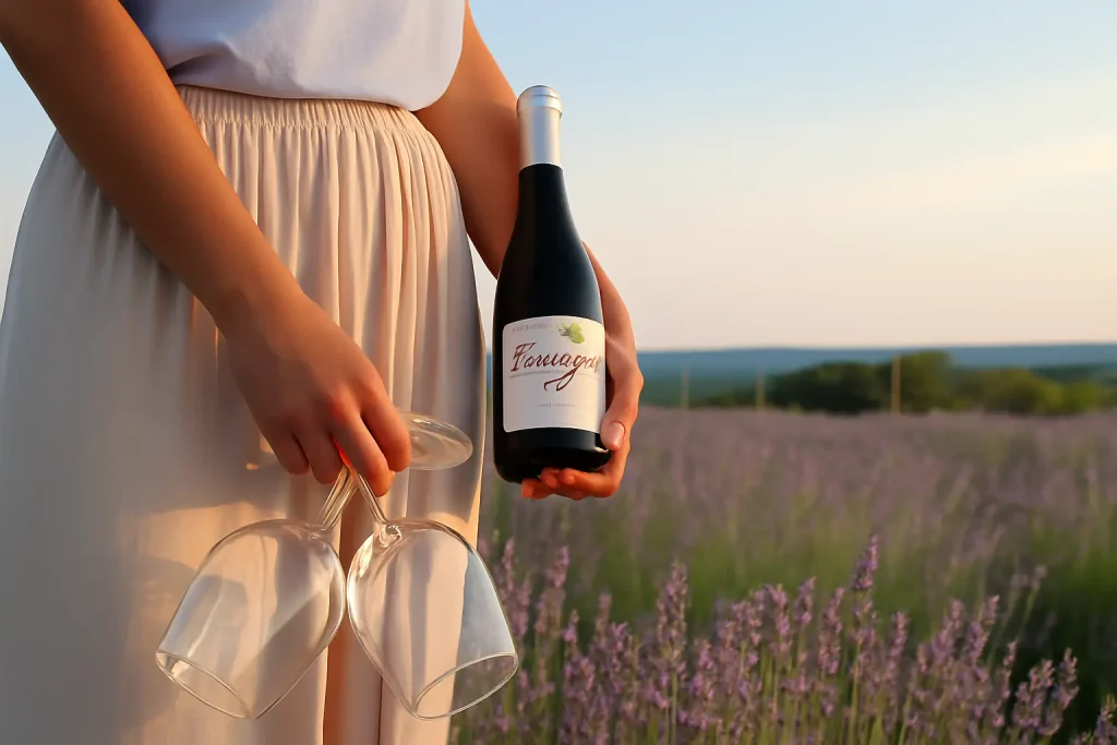 A serene moment in the lavender fields — a bottle of wine and two glasses ready for a perfect countryside evening at Morlacco.
